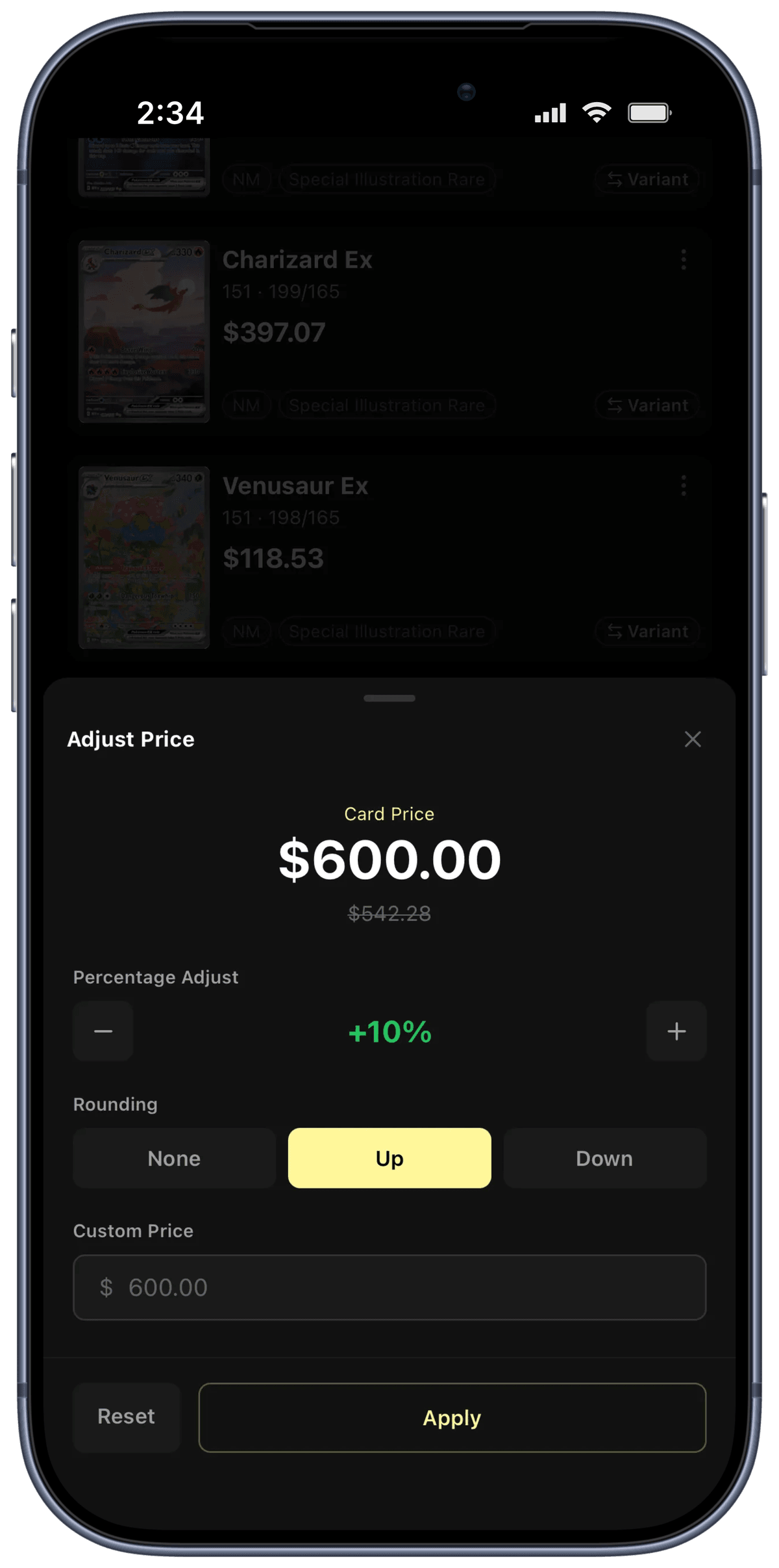 Rocketrader Adjust view - price adjustment sheet with percentage, rounding, and custom price controls