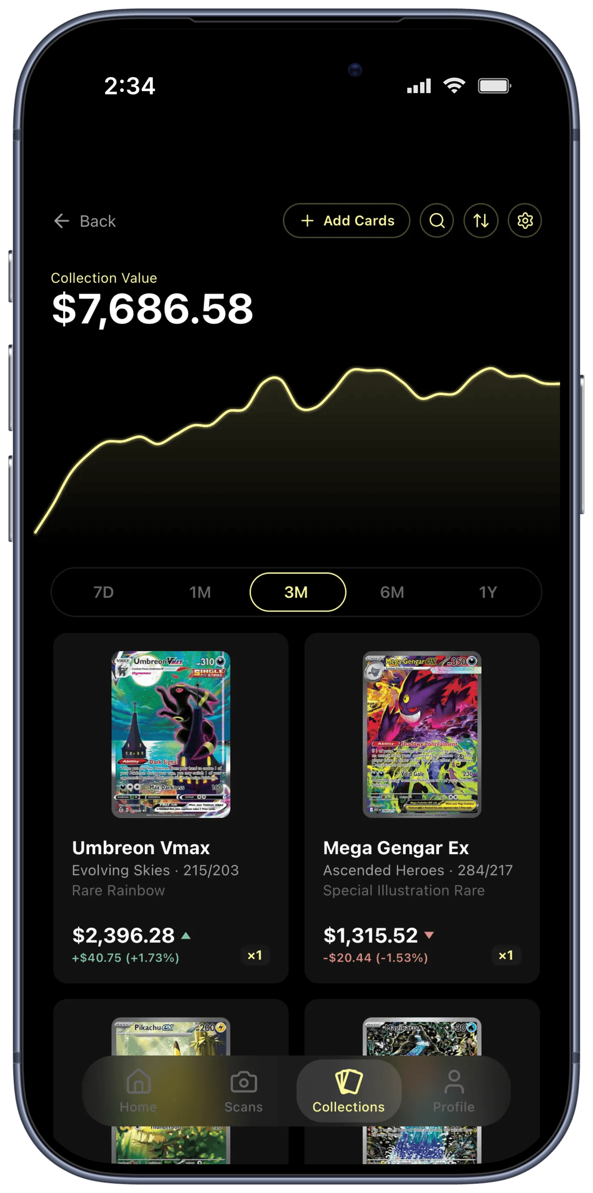 Rocketrader Collection view - collection value chart over time with per-card gains and losses