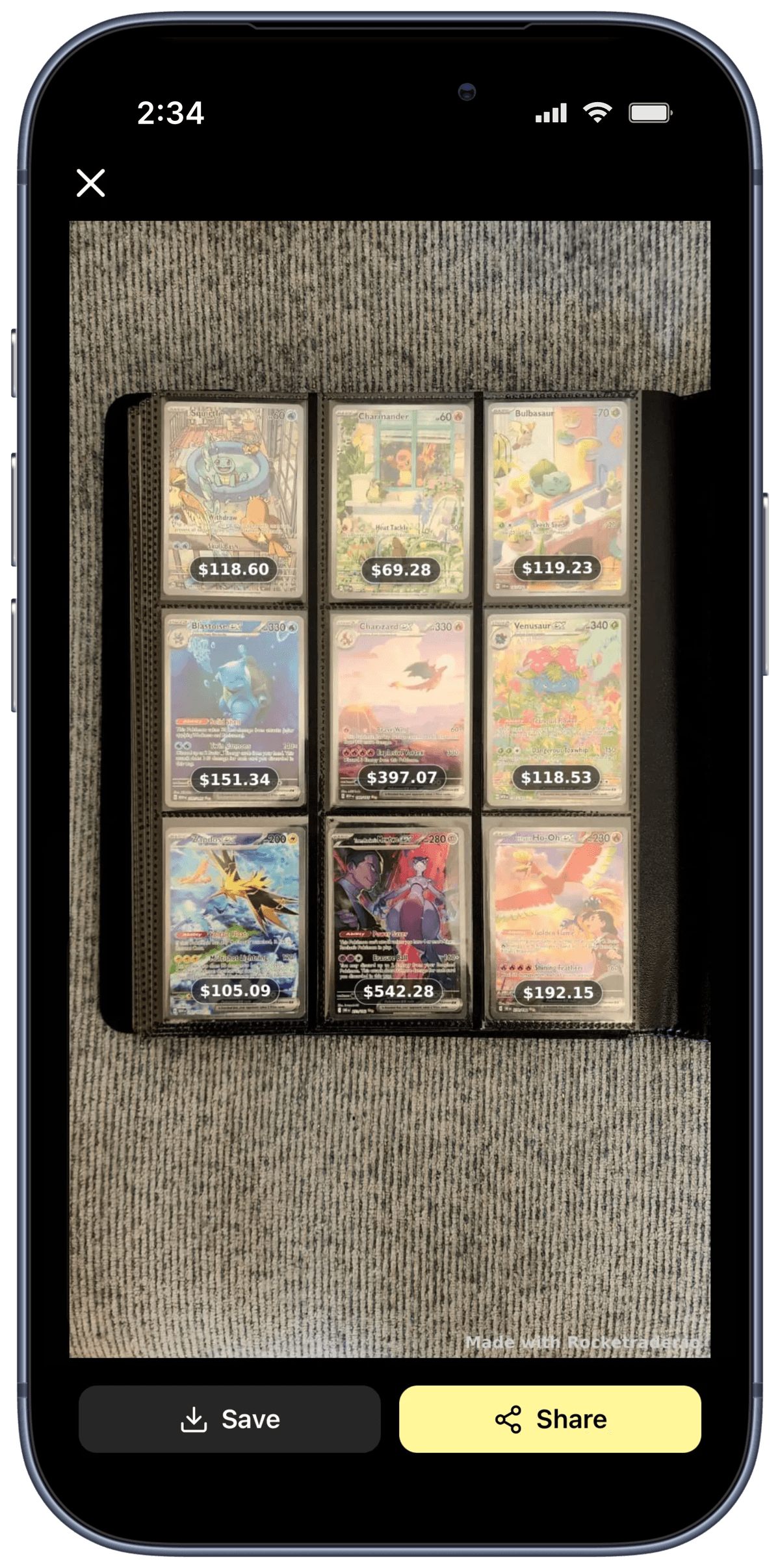 Rocketrader Export view - exported scan with prices overlaid on each card, ready to save or share