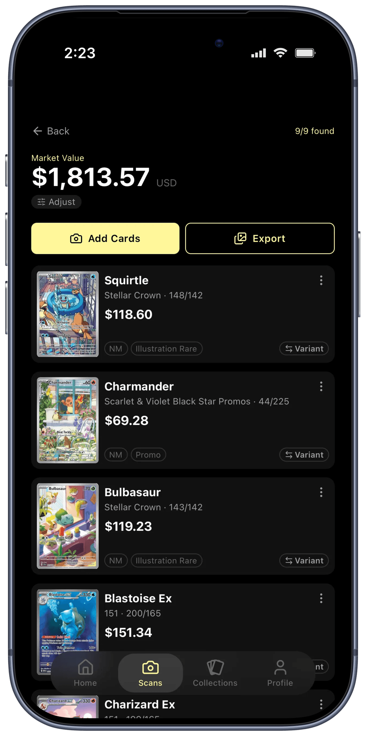 Rocketrader Results view - list of identified cards with market prices and a running total